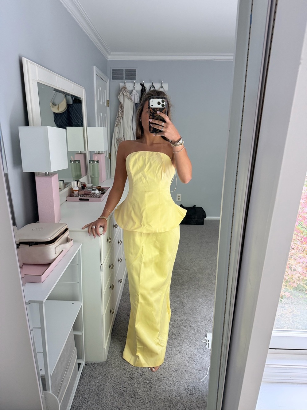 Strapless Yellow Peplum Maxi Dress